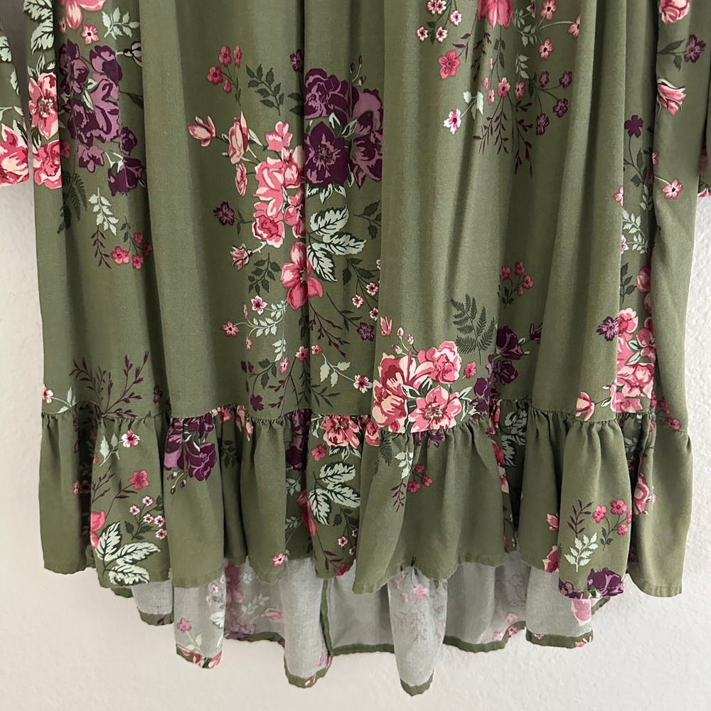Terra & Sky Peasant Top Womens 1X Olive Green Floral Ruffle Bell Sleeve Boho - Picture 6 of 11